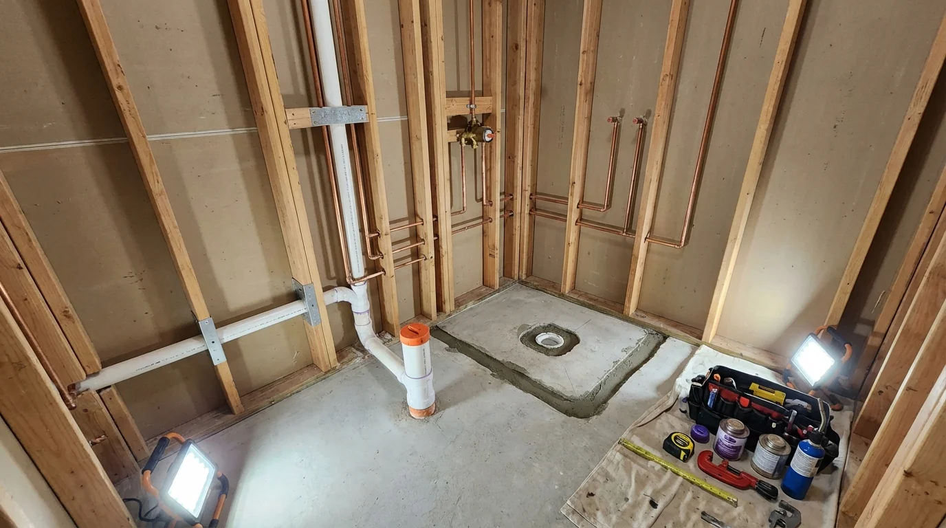 Bathroom rough-in plumbing during remodel by Johns Plumbing LLC in Newtown