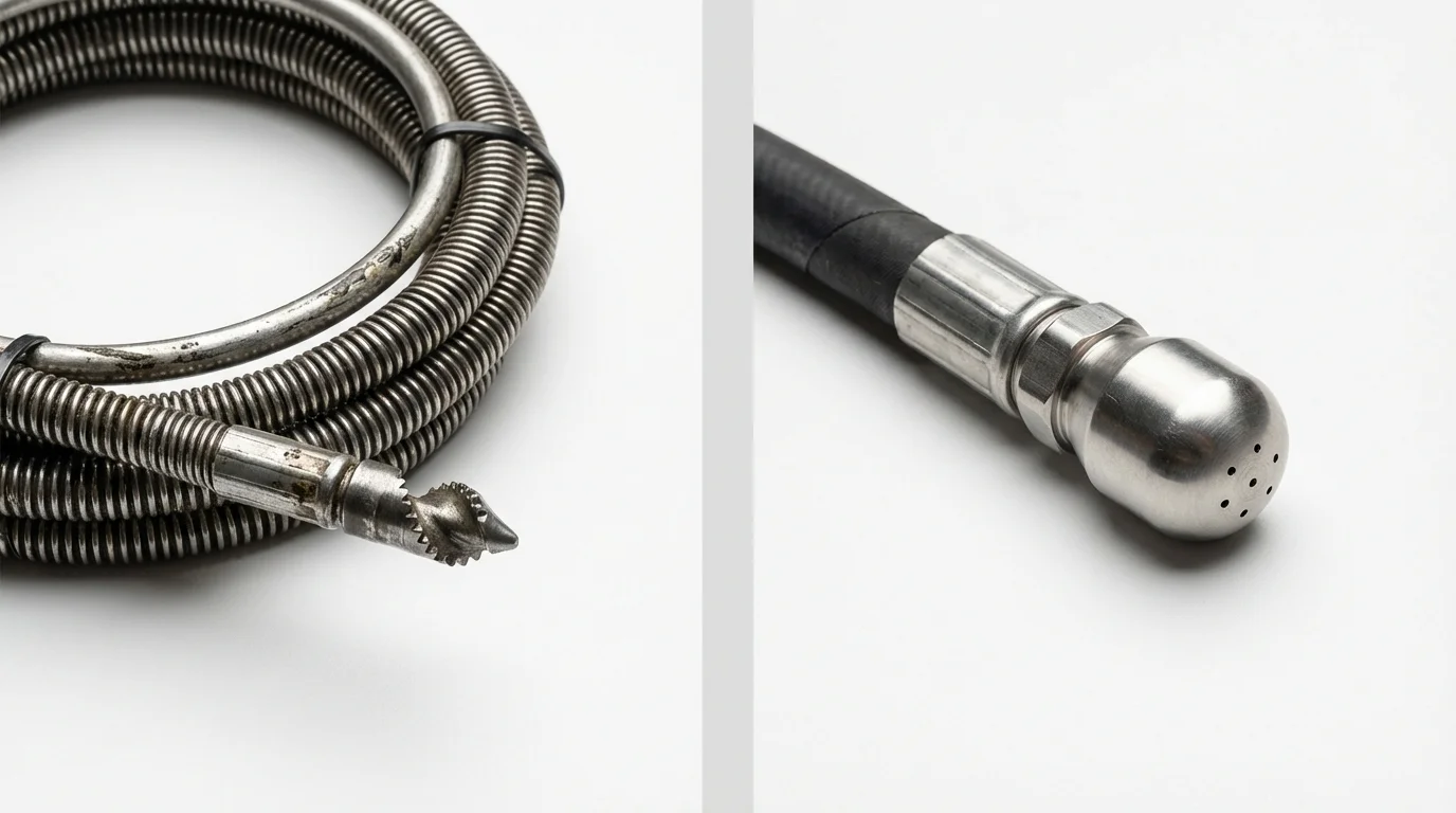 Drain snake cable and hydro jetting nozzle used for drain cleaning in Newtown, CT