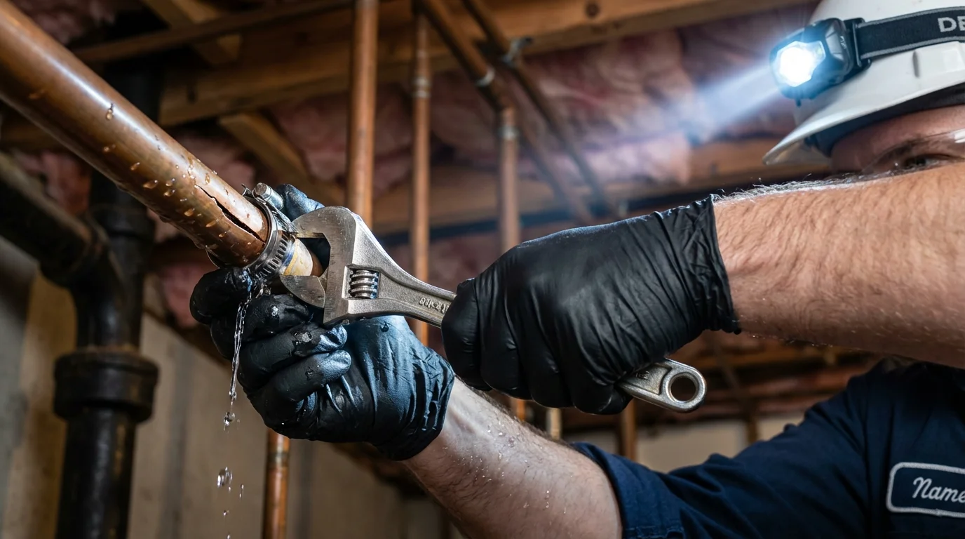 Emergency pipe clamp repair being performed by a Johns Plumbing LLC plumber in Newtown