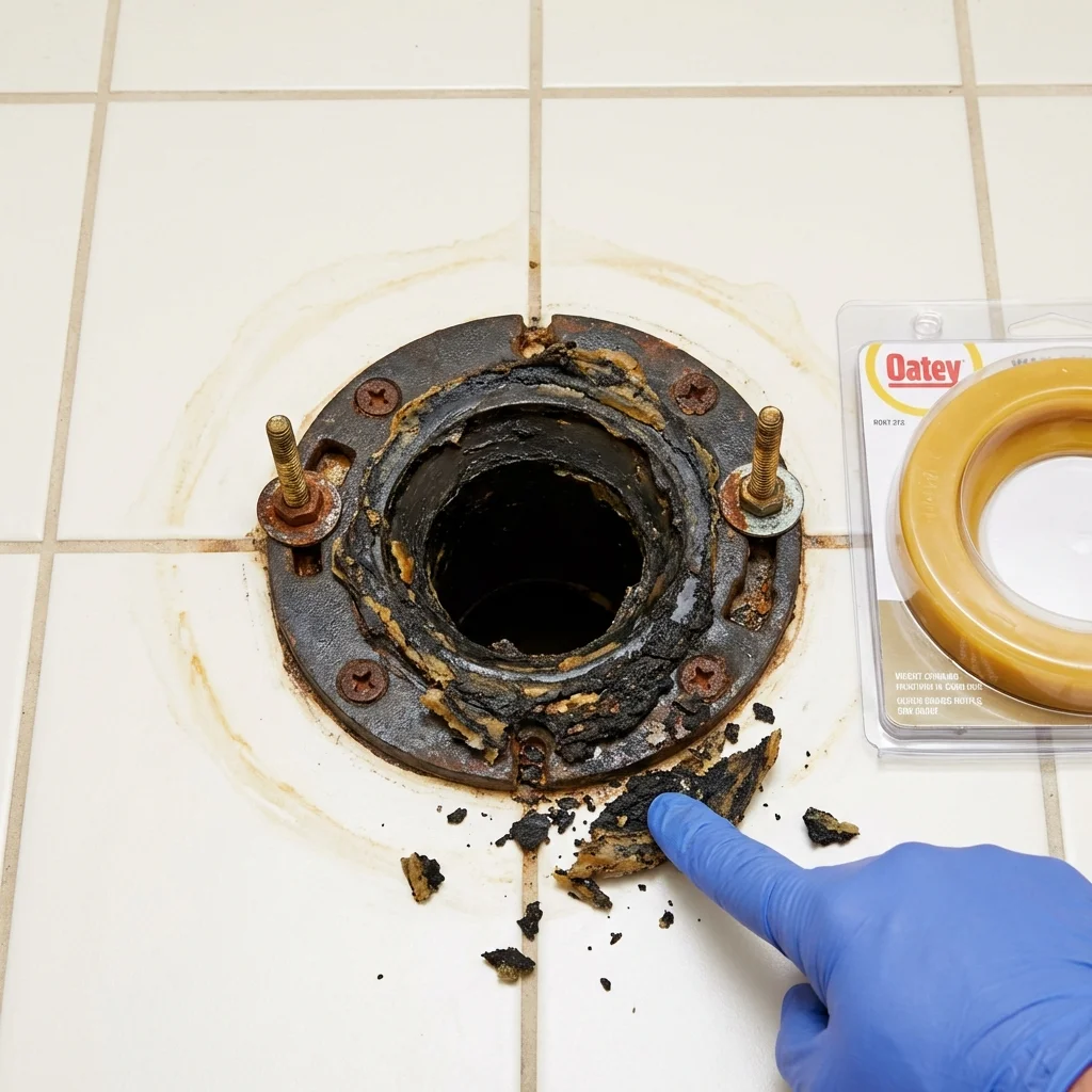 Failed wax ring showing water seepage at the base of a toilet in a Newtown, CT home