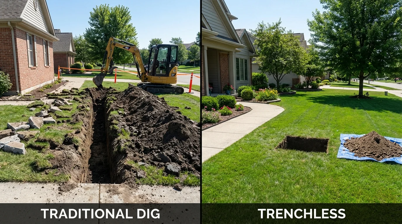 Trenchless sewer repair with minimal yard damage versus traditional excavation in Newtown, CT